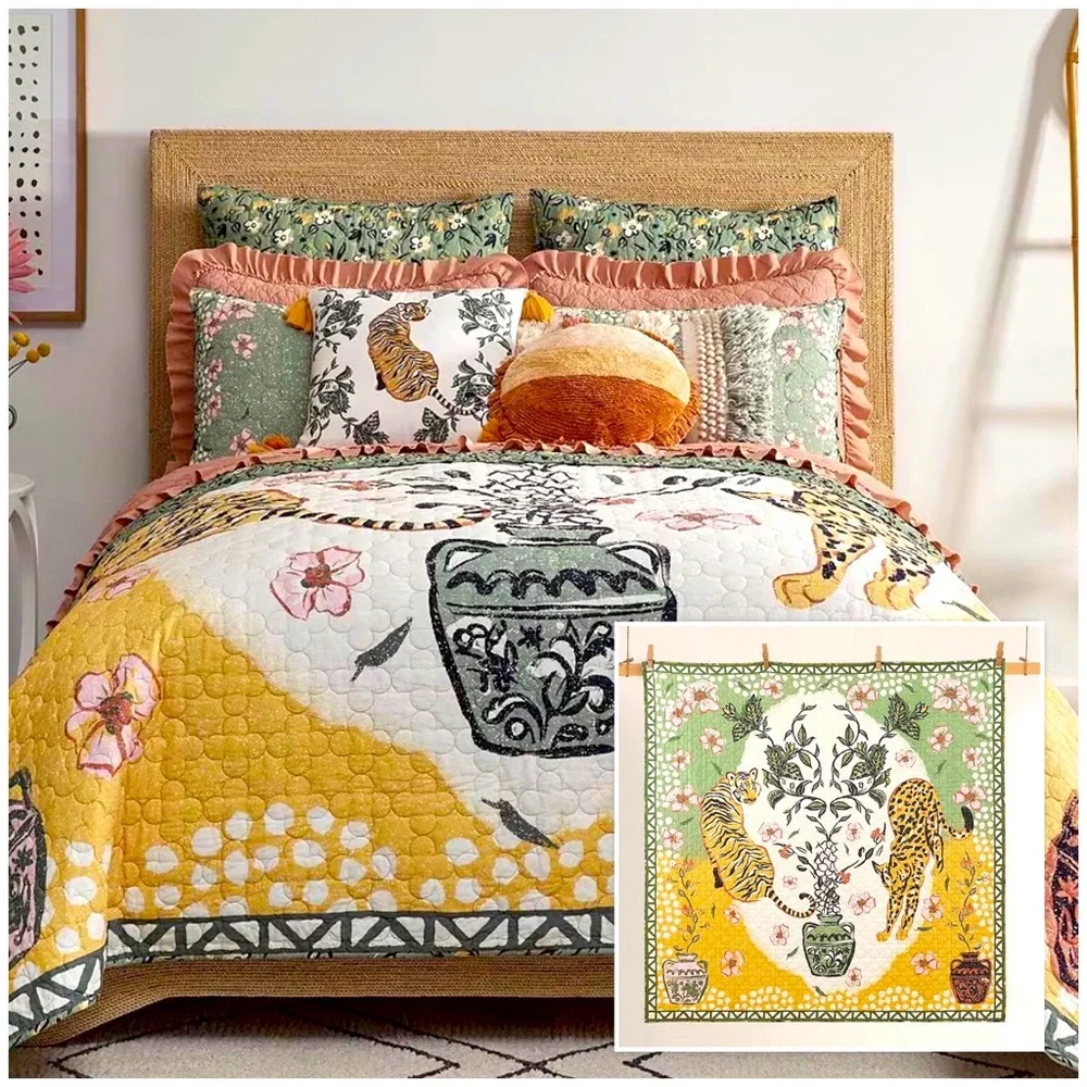Floral Tiger Print Quilted Bedspread in Yellow and Green